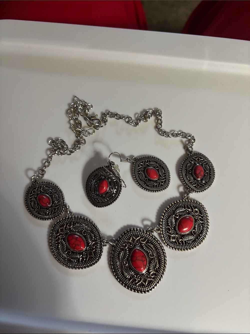 Bohemian Red Stone Silver-Tone Necklace & Earring Set